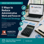 Feature image for a Microsoft Copilot Chat article for accountants showing financial reports, a calculator, and Copilot Chat alongside the headline "5 Ways to Reduce Administrative Work and Focus on Financial Strategy."
