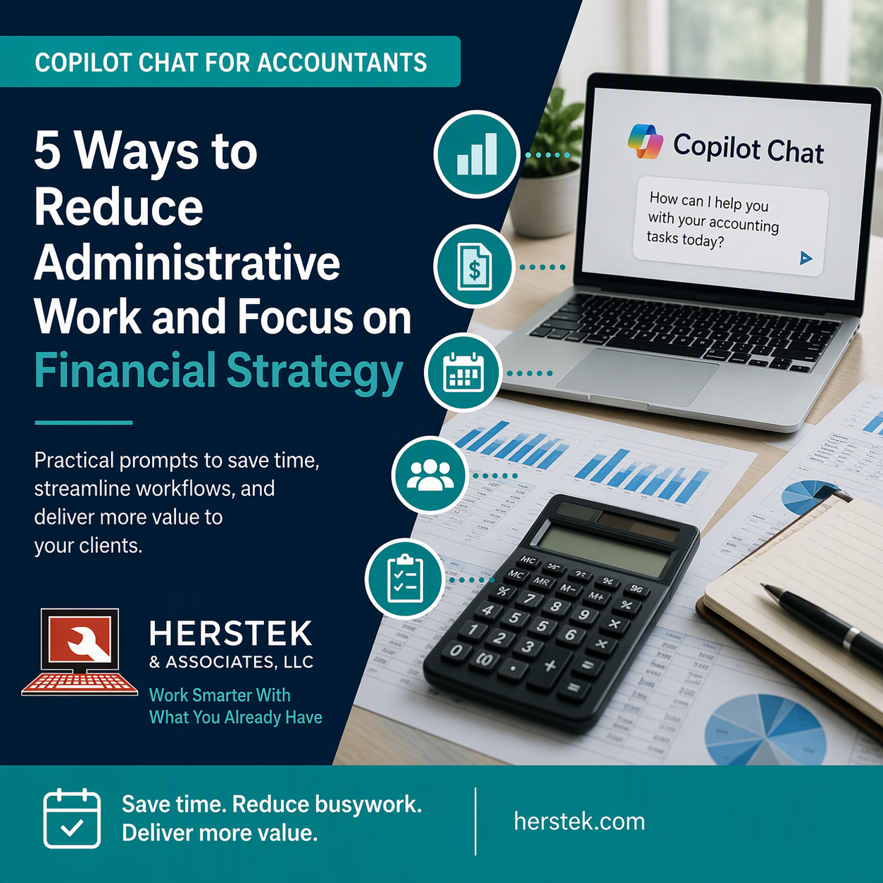 Feature image for a Microsoft Copilot Chat article for accountants showing financial reports, a calculator, and Copilot Chat alongside the headline "5 Ways to Reduce Administrative Work and Focus on Financial Strategy."
