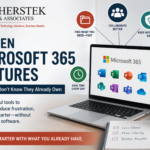 Feature image for an article about hidden Microsoft 365 features for small businesses, showing Herstek & Associates, LLC branding, a laptop displaying Microsoft 365 applications, and visual elements representing file recovery, document scanning, project tracking, collaboration, and productivity improvements.