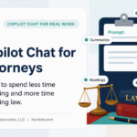 Copilot Chat for Attorneys feature image showing a modern legal-themed graphic with Microsoft Copilot Chat prompts, workflow management concepts, legal books, scales of justice, and administrative productivity tools for law firms.
