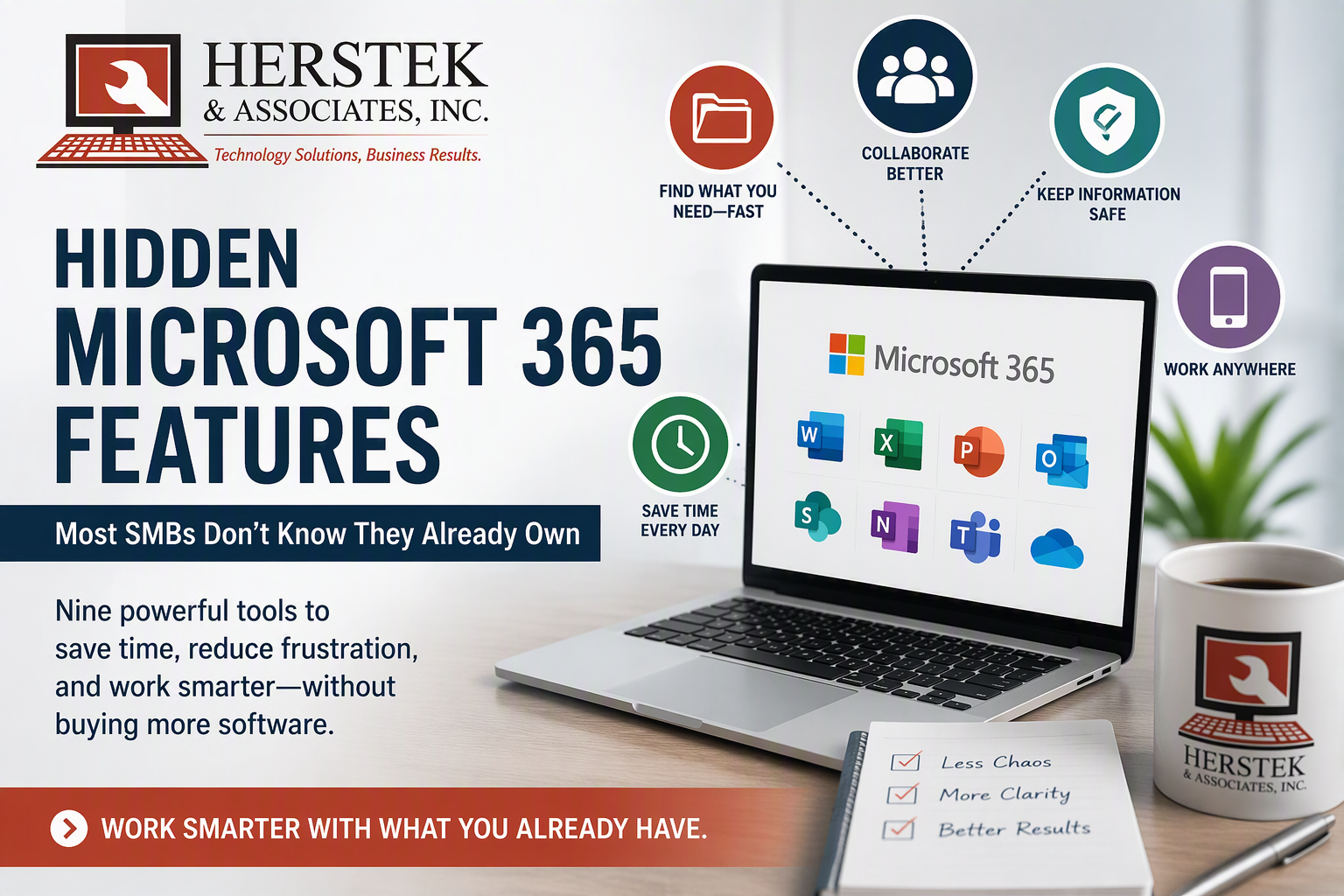 Feature image for an article about hidden Microsoft 365 features for small businesses, showing the Herstek logo, a laptop dashboard, and productivity themes like file recovery, task tracking, scanning, and reducing meetings.