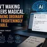 A cybersecurity-themed illustration showing a laptop displaying a realistic business email requesting updated payment information, alongside an AI icon, security symbols, and a checklist emphasizing verification and protection. The image represents AI-assisted phishing attacks and modern cyber threats targeting small and medium-sized businesses.