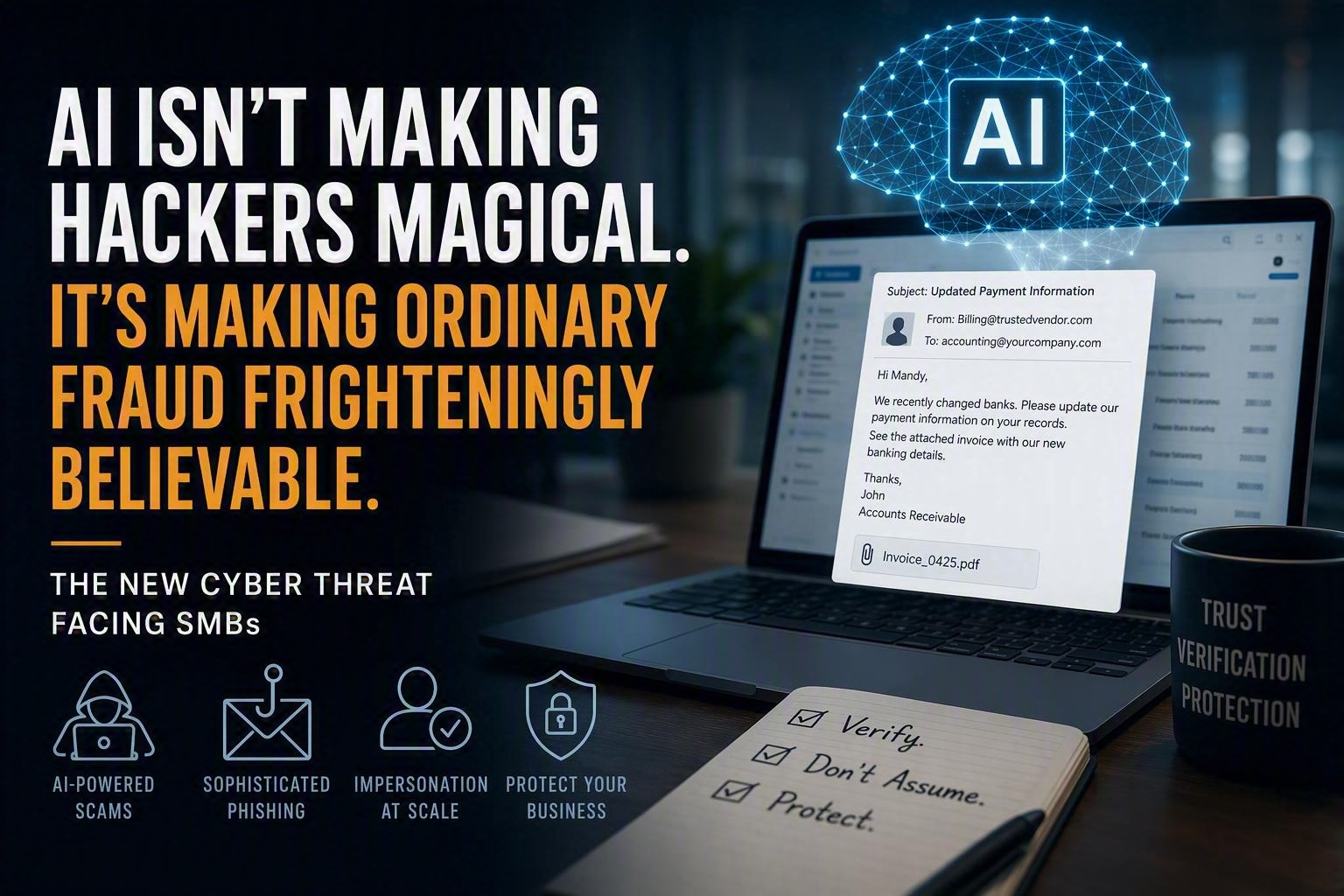 A cybersecurity-themed illustration showing a laptop displaying a realistic business email requesting updated payment information, alongside an AI icon, security symbols, and a checklist emphasizing verification and protection. The image represents AI-assisted phishing attacks and modern cyber threats targeting small and medium-sized businesses.