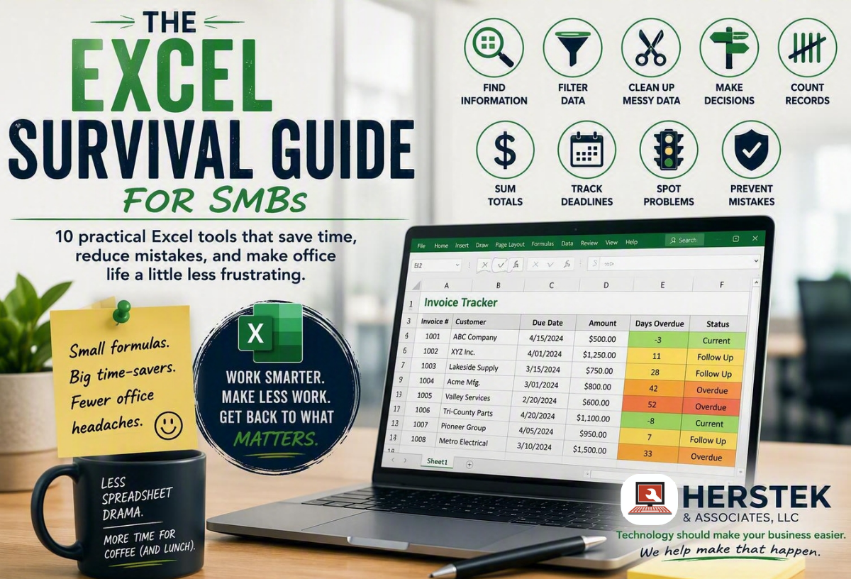 Excel Survival Guide for SMBs featuring 10 practical Excel tools for saving time, reducing mistakes, and simplifying office work.