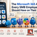 Smartphone displaying Microsoft 365 apps including OneDrive, Outlook, Teams, Copilot, Authenticator, and To Do, with playful app characters encouraging employees to use productivity tools on the go. Herstek & Associates branding appears at the bottom.